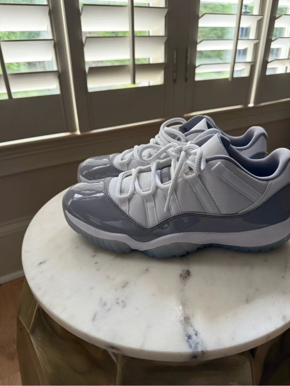 Jordan Men’s Low Top Athletic Shoes in White and Gray Patent